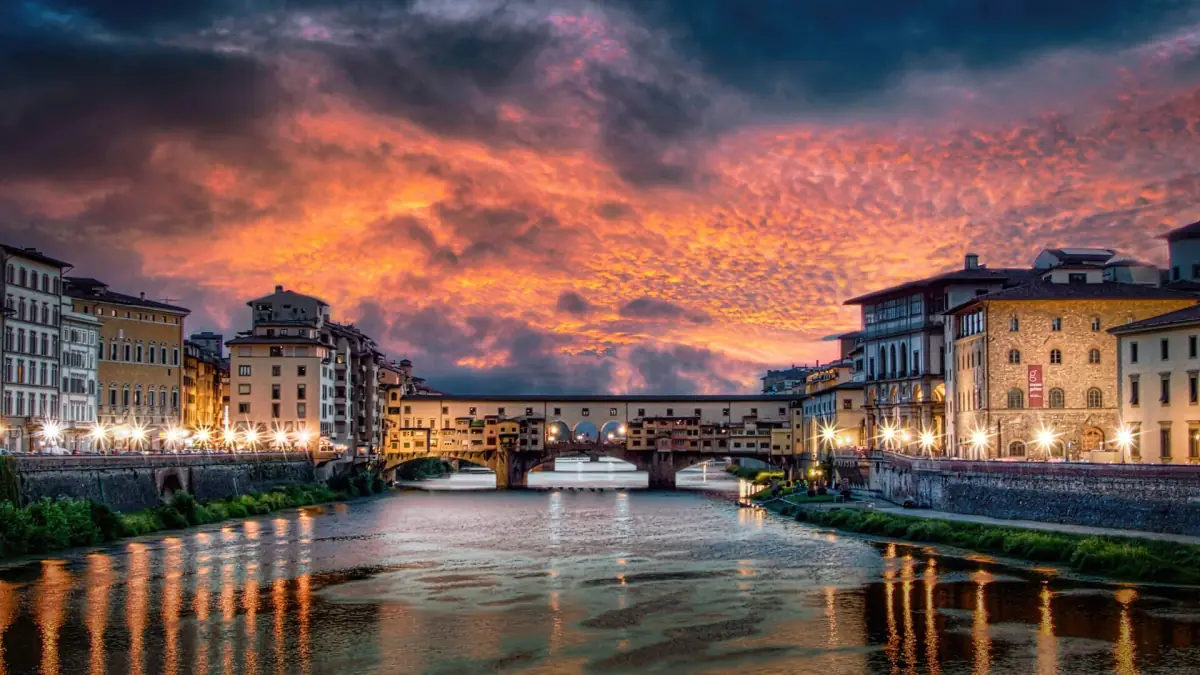 A red evening sky over the bridge